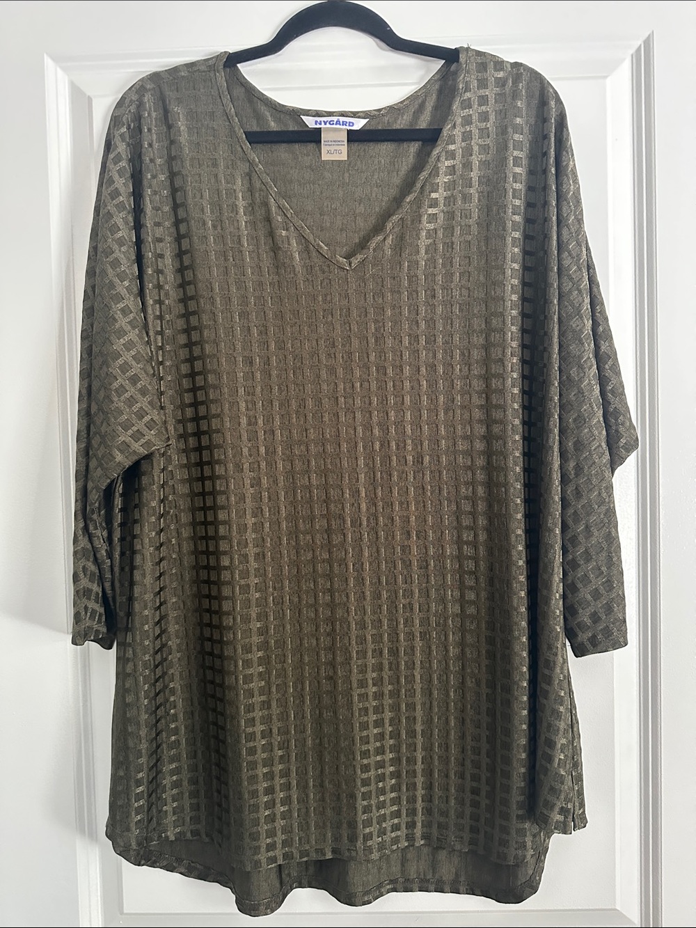Olive Green V-Neck Tunic with Subtle Grid Texture